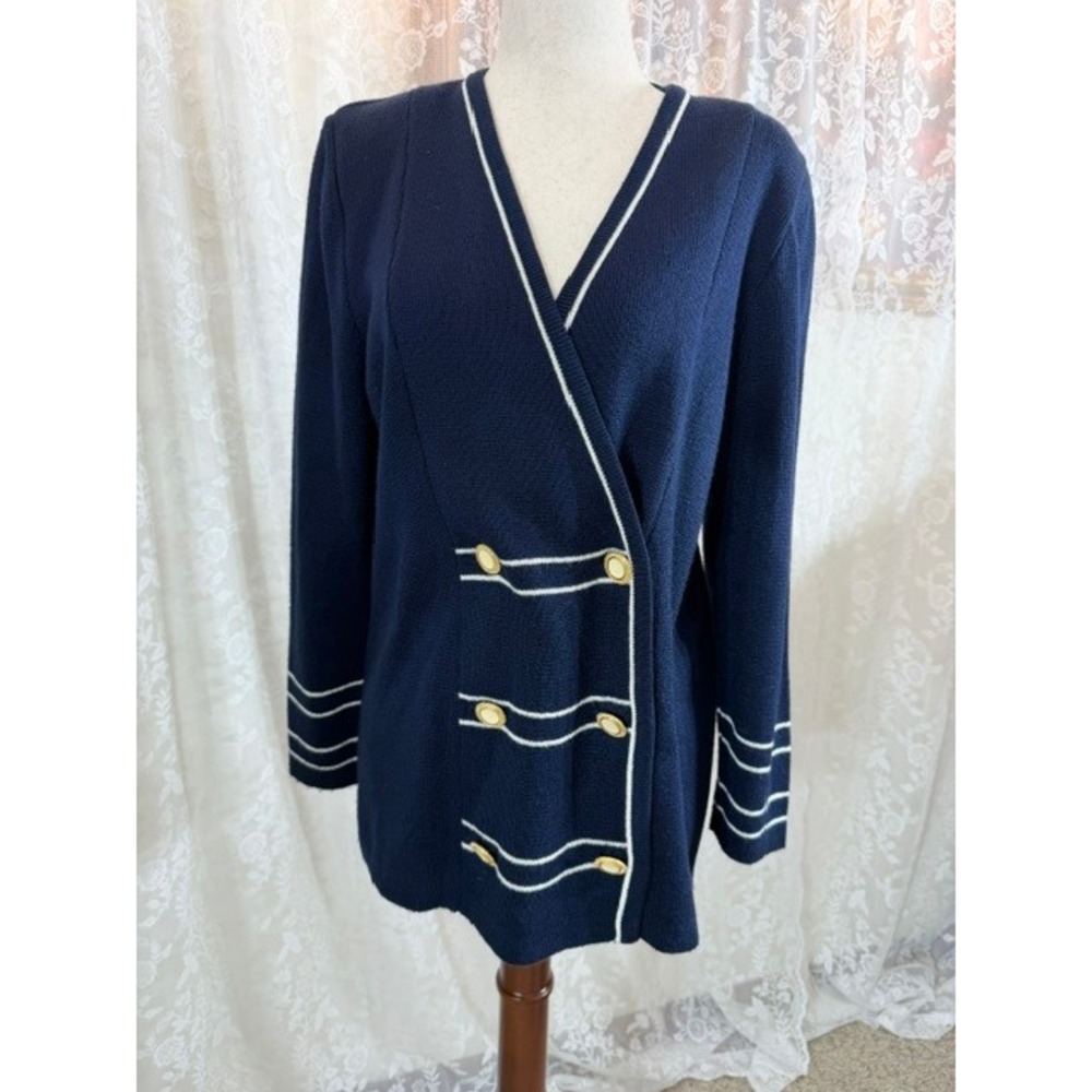 Navy Blue Nautical Cardigan Sweater Gold Crest Buttons White Trim Longline VNeck